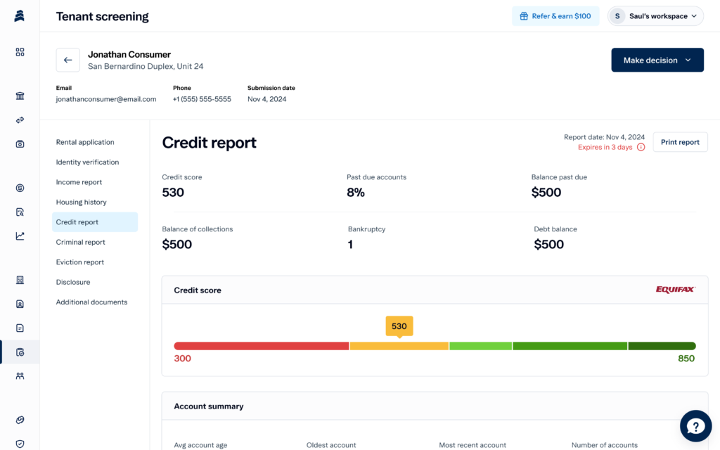 Tenant screening dashboard showing a credit report for "Jonathan Consumer." Credit score is 530. Balance details include a $500 collection and $500 debt balance. The report expires on November 4, 2026.