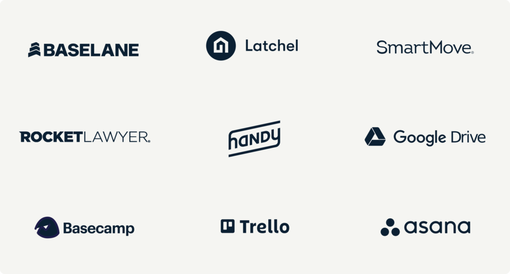 A grid of logos from various business and productivity tools, including Baselane, Latchel, SmartMove, Rocket Lawyer, Handy, Google Drive, Basecamp, Trello, and Asana. Each logo is distinct, featuring different fonts and branding elements. The background is light gray.