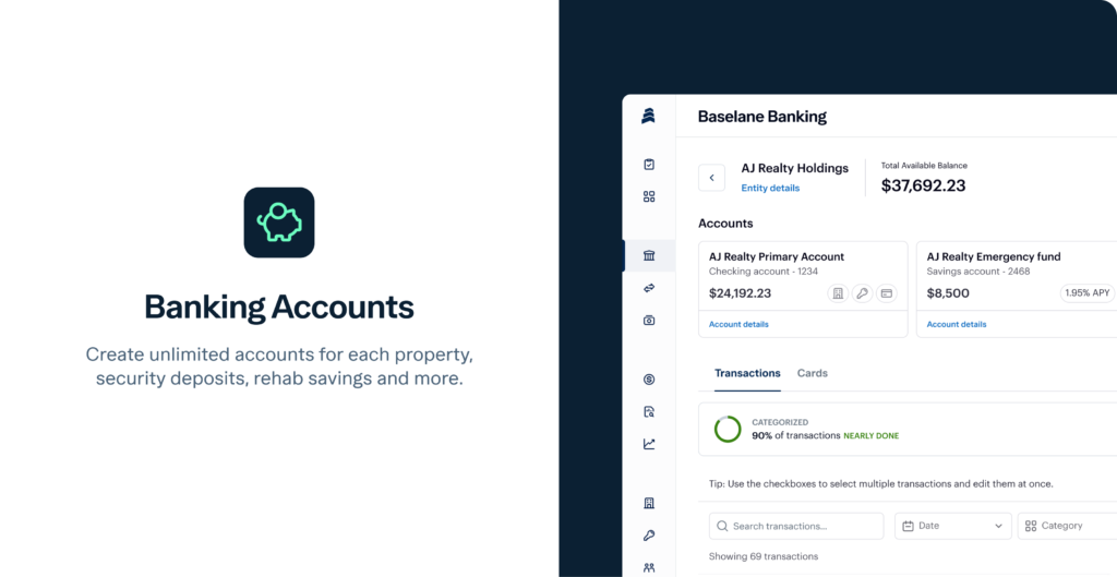 baselane banking app interface displays account details, showing a primary account balance of $37,692.23 and an emergency fund balance of $8,500. Features include transaction stats, account options, and a navigation menu.