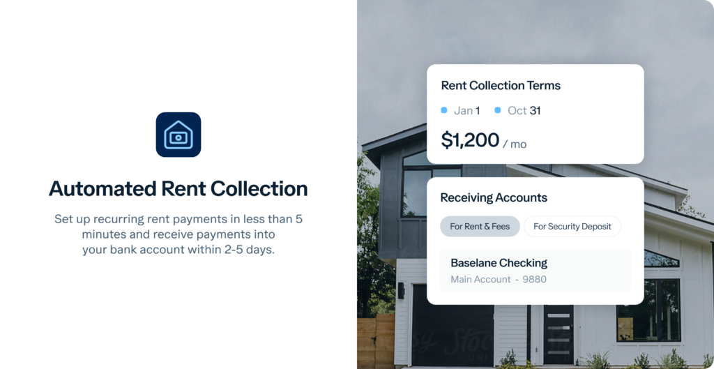 A promotional image for automated rent collection services. The left side mentions setting up recurring rent payments in under 5 minutes, with funds available within 2-5 days. The right side shows a modern house and details rent collection terms, including a $1,200 monthly rent.