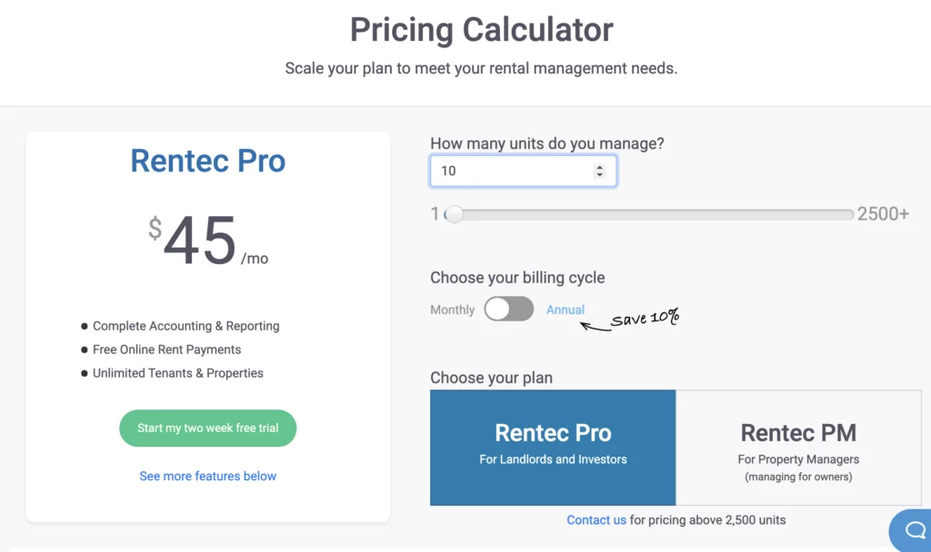 Rentec Direct pricing calculator