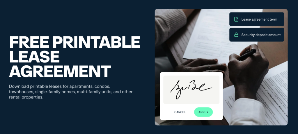 A person is signing a document labeled "Free Printable Lease Agreement." The image features a signature box with "Cancel" and "Apply" buttons. Text boxes titled "Lease agreement term" and "Security deposit amount" are also visible.