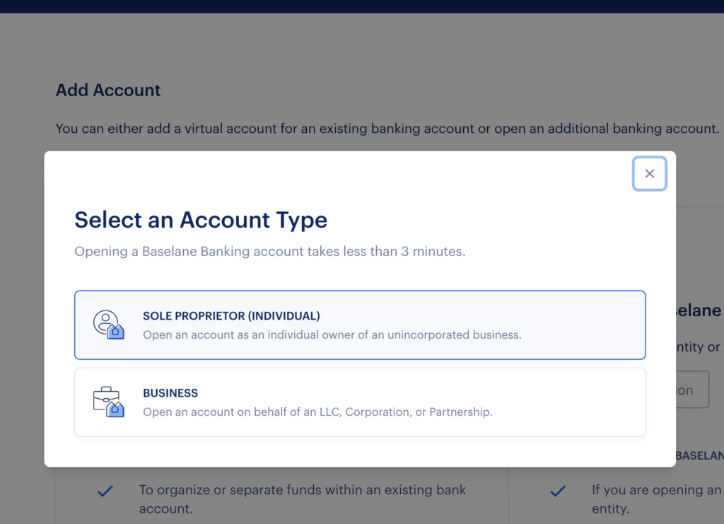 Baselane Bank App - Account type