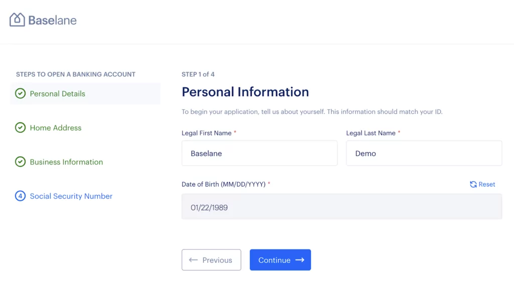 Baselane banking application form