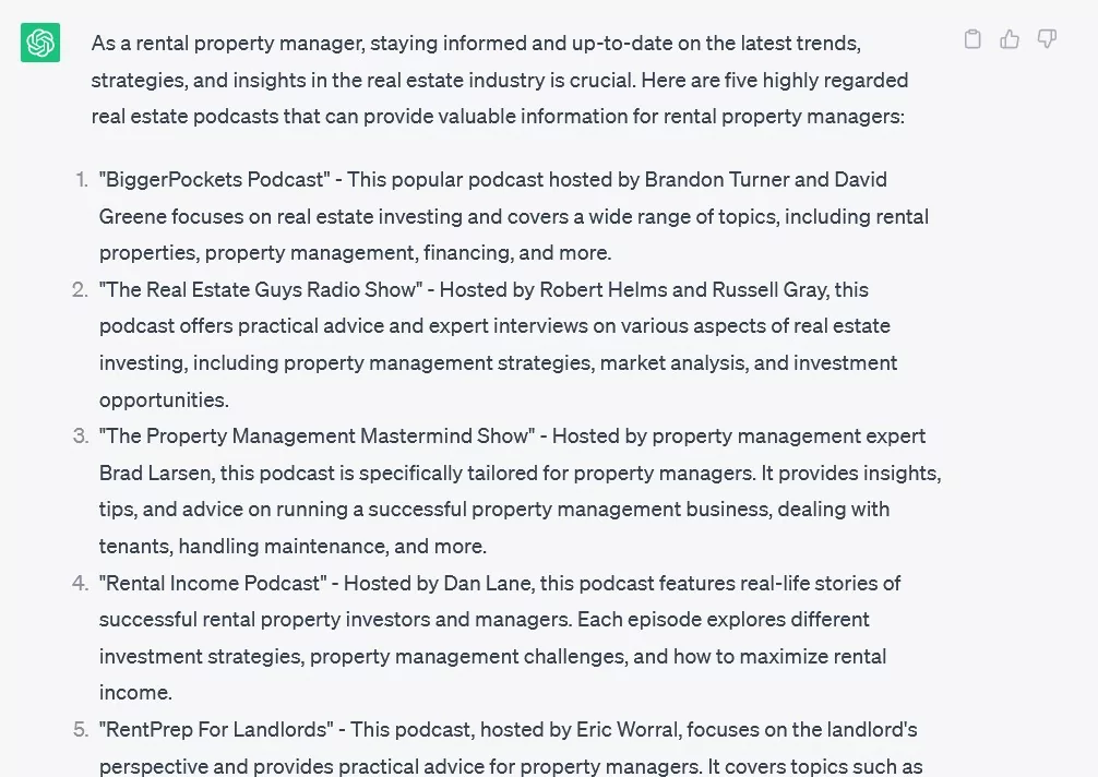 chatgpt results of five best real estate podcasts