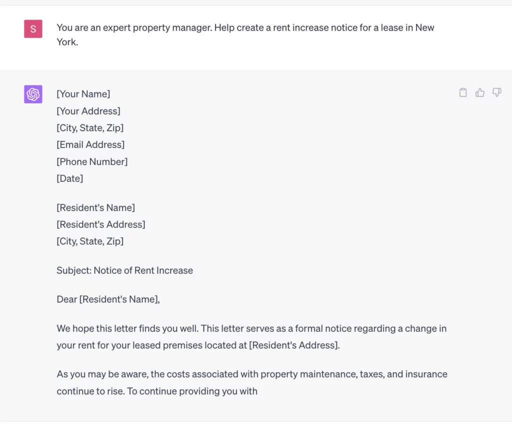Chatgpt4 prompt and response for real estate rent increase notice