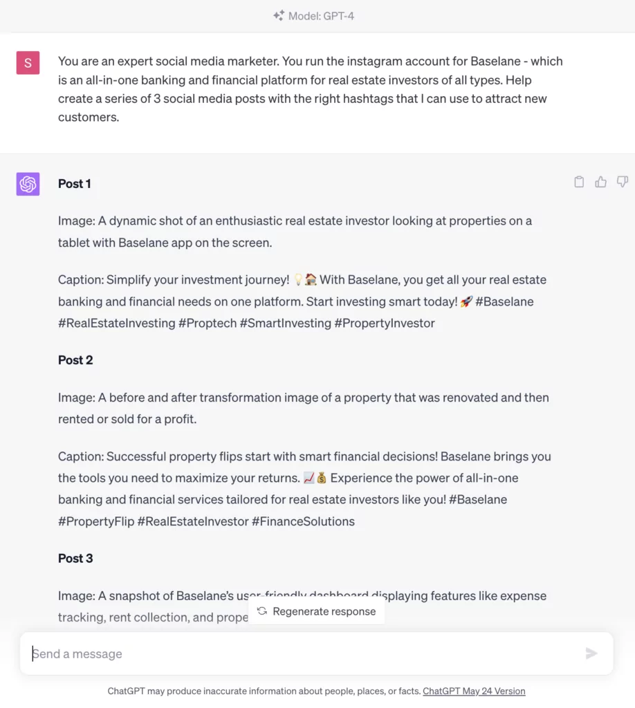 Chatgpt4 prompt and response for real estate social media post