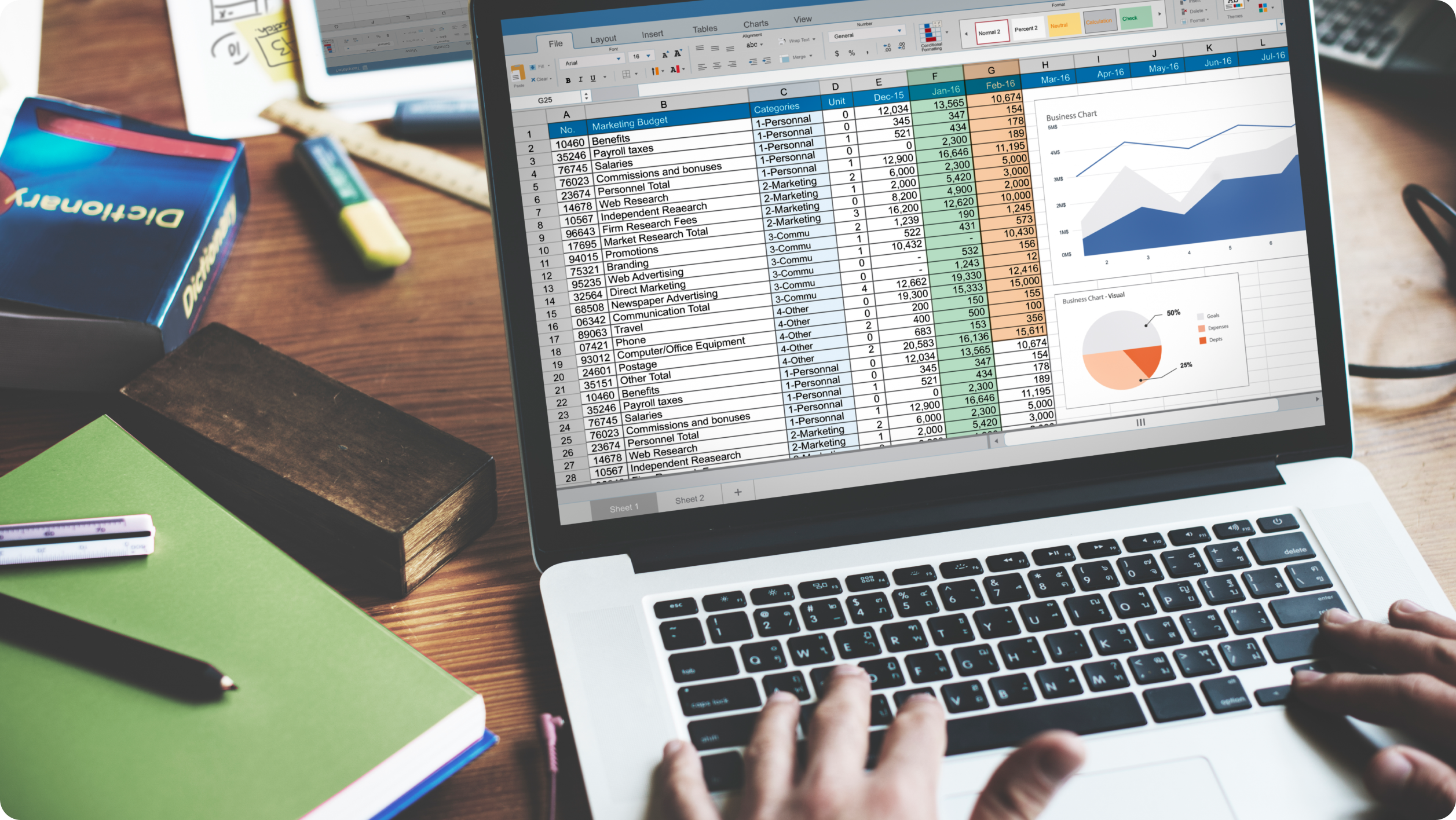 A person types on a laptop displaying a spreadsheet with data and charts. Adjacent are colorful notebooks, a highlighter, and a box. The scene suggests work on data analysis or business planning.