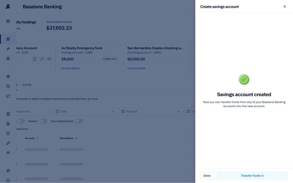 Screenshot of a banking interface showing a savings account creation confirmation. The message reads, "Savings account created. You can now transfer funds from any of your Baselane Banking accounts into this new account." Explore the menu to learn how to open an escrow account. Options: "Done" and "Transfer Funds.