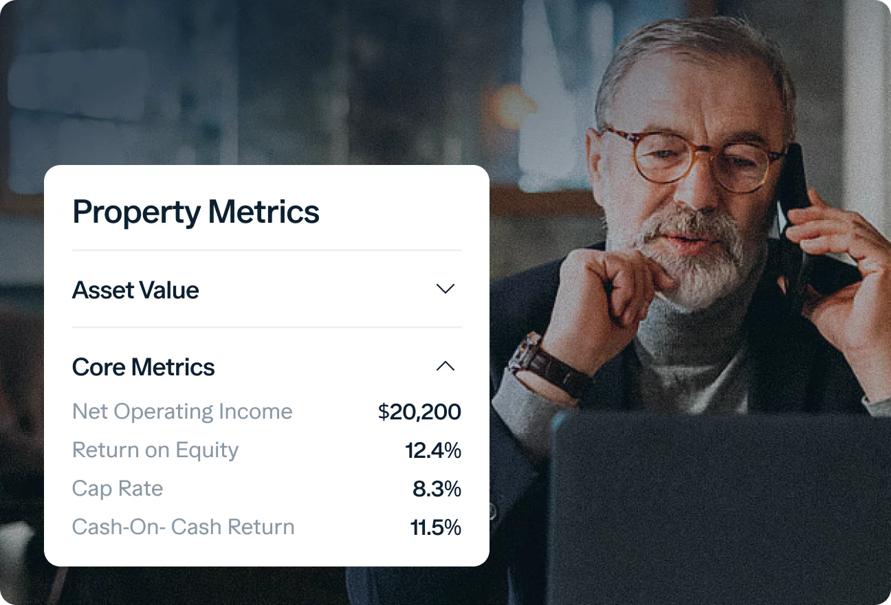 An older man with glasses and a gray beard is speaking on the phone while looking at a laptop. A floating window beside him displays property metrics, including asset value and core metrics such as net operating income, return on equity, cap rate, and cash-on-cash return.