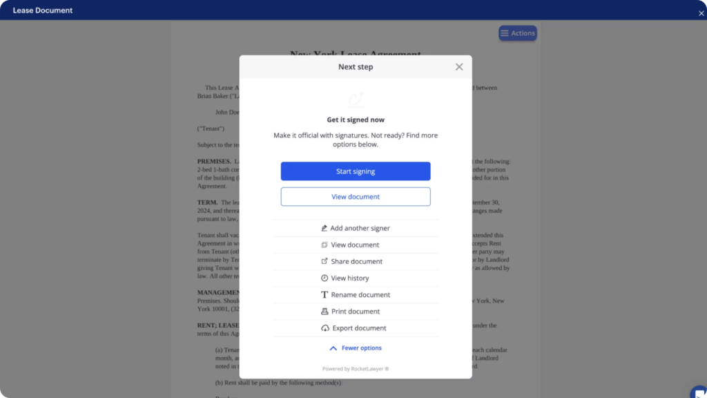 A pop-up window titled "Next step" displays options such as "Start signing" and "View document," along with additional actions for managing a lease document on a digital platform. The background is blurred.