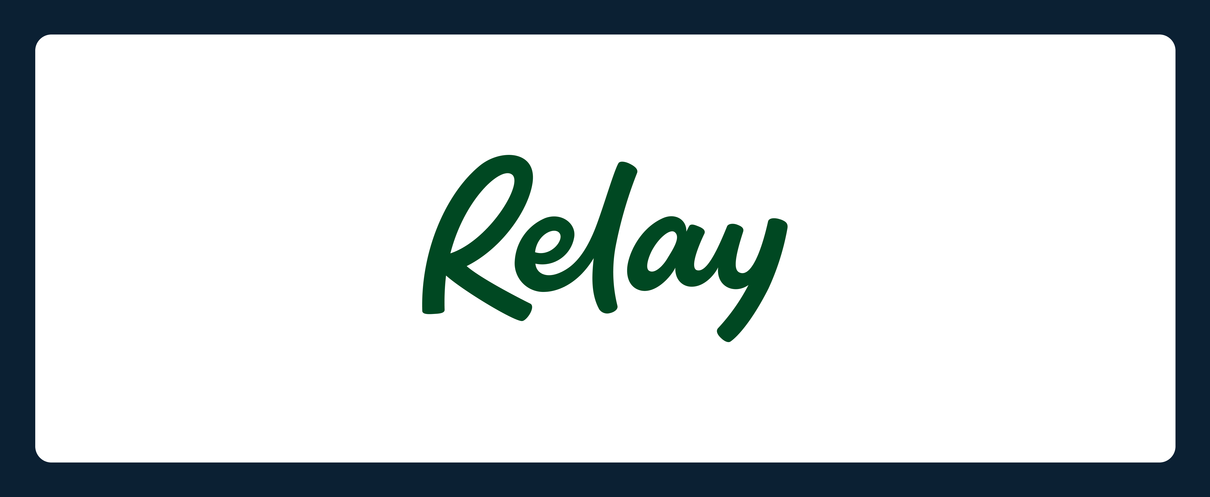 The image shows the word "Relay" in a green, cursive font centered on a white background with a dark blue border.