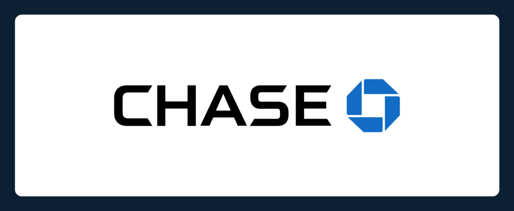 Chase logo featuring the word "CHASE" in black, accompanied by a blue octagonal symbol on the right, all set against a white background with a dark blue border.