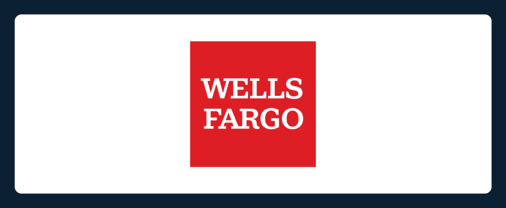 Logo of Wells Fargo featuring a red square with "WELLS FARGO" in white, all caps font, centered against a white background with a dark blue border.