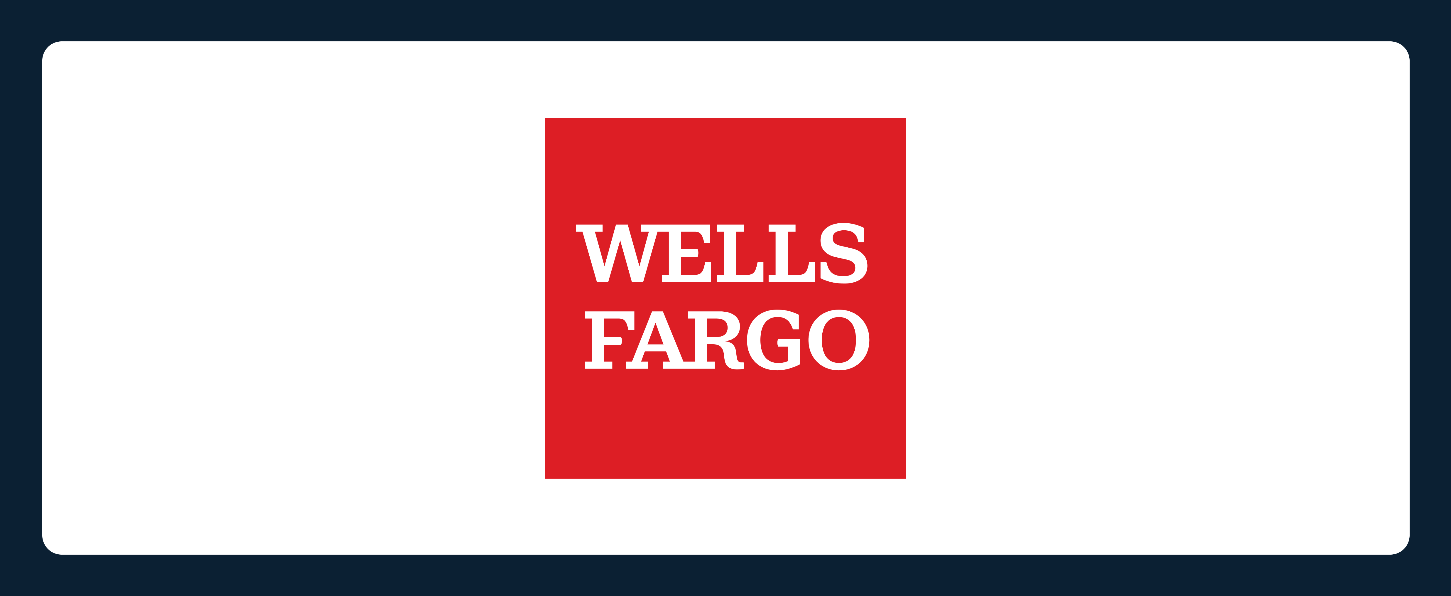 Logo of Wells Fargo featuring a red square with "WELLS FARGO" in white, all caps font, centered against a white background with a dark blue border.