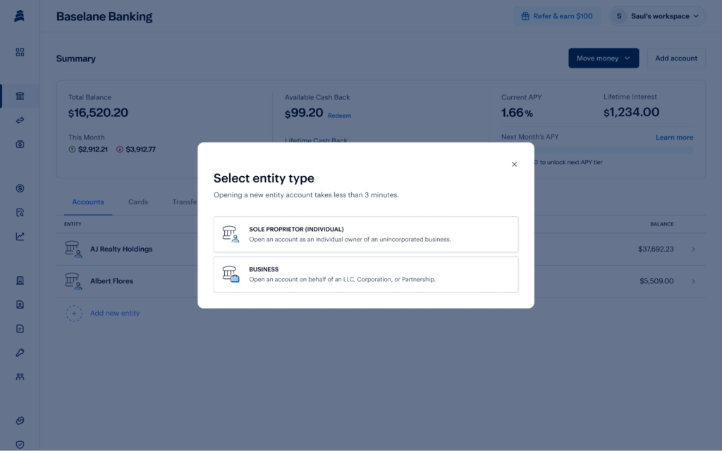 Screenshot of a banking dashboard with a pop-up titled "Select entity type." Options are "SOLE PROPRIETOR (INDIVIDUAL)" and "BUSINESS," each with an icon. Balance and cashback details are visible in the background.
