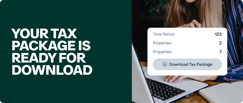A person using a laptop sits beside a message that reads "Your tax package is ready for download" with a pop-up showing tax details and a button labeled "Download Tax Package.