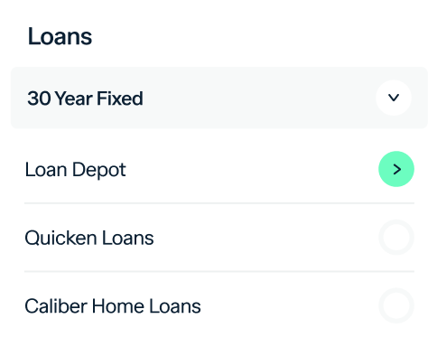 A user interface displaying loan options for a 30-year fixed mortgage. Loan Depot is selected, highlighted by a green arrow. Quicken Loans and Caliber Home Loans are also listed but not selected.