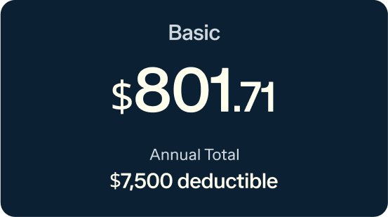 Dark background health plan cost breakdown with "Basic" plan title at the top. The annual total cost is displayed as $801.71, and the deductible is listed as $7,500.