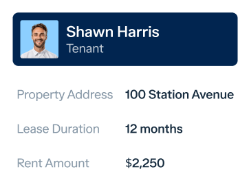 ID card for a tenant named Shawn Harris. It features a profile picture of a smiling man. The card lists the property address as 100 Station Avenue, the lease duration as 12 months, and the rent amount as $2,250.