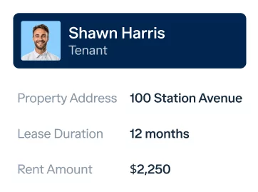 ID card for a tenant named Shawn Harris. It features a profile picture of a smiling man. The card lists the property address as 100 Station Avenue, the lease duration as 12 months, and the rent amount as $2,250.