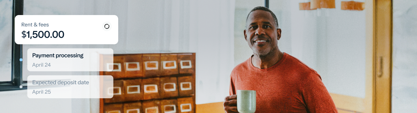 A man in a red shirt holding a mug stands in an office with wooden file boxes. To the left, a white overlay displays "Rent & Fees $1,500.00," "Payment processing April 24," and "Expected deposit date April 25.