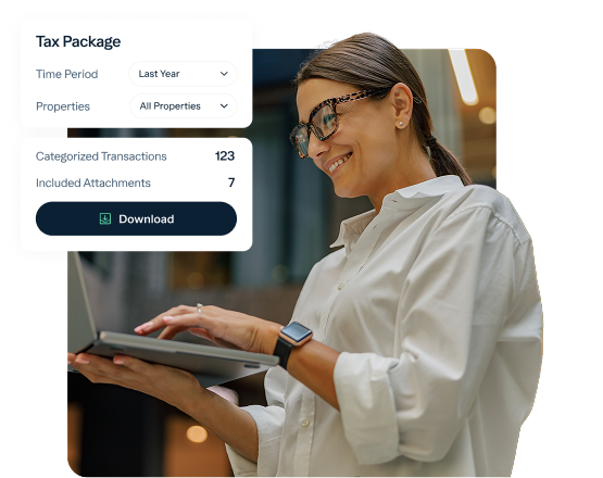 A woman wearing glasses and a white shirt smiles while using a laptop. On the left, an overlay shows tax package options, transaction counts, and a green "Download" button.