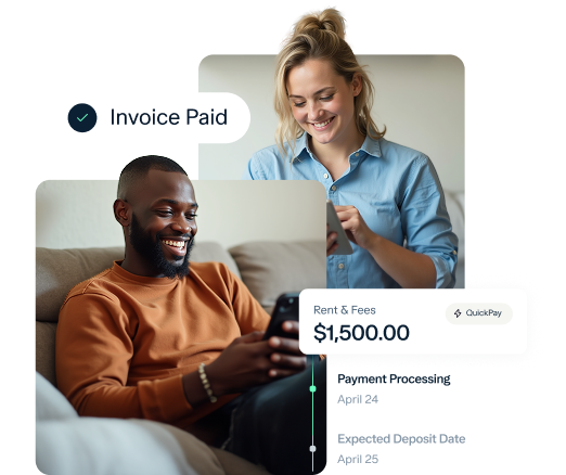 A smiling man checks his phone on a couch while a woman smiles in the background; graphics show “Invoice Paid,” rent and fees of $1,500, and details about payment processing and deposit dates.