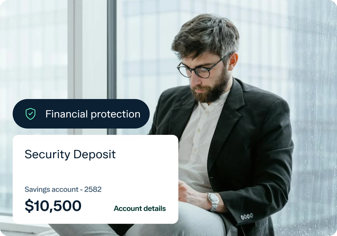 A man with glasses and a beard is sitting near a large window, focused on his phone. Overlay text shows "Financial protection" with a shield icon, and details about a savings account: "Security Deposit, Savings account - 2582, $10,500, Account details.