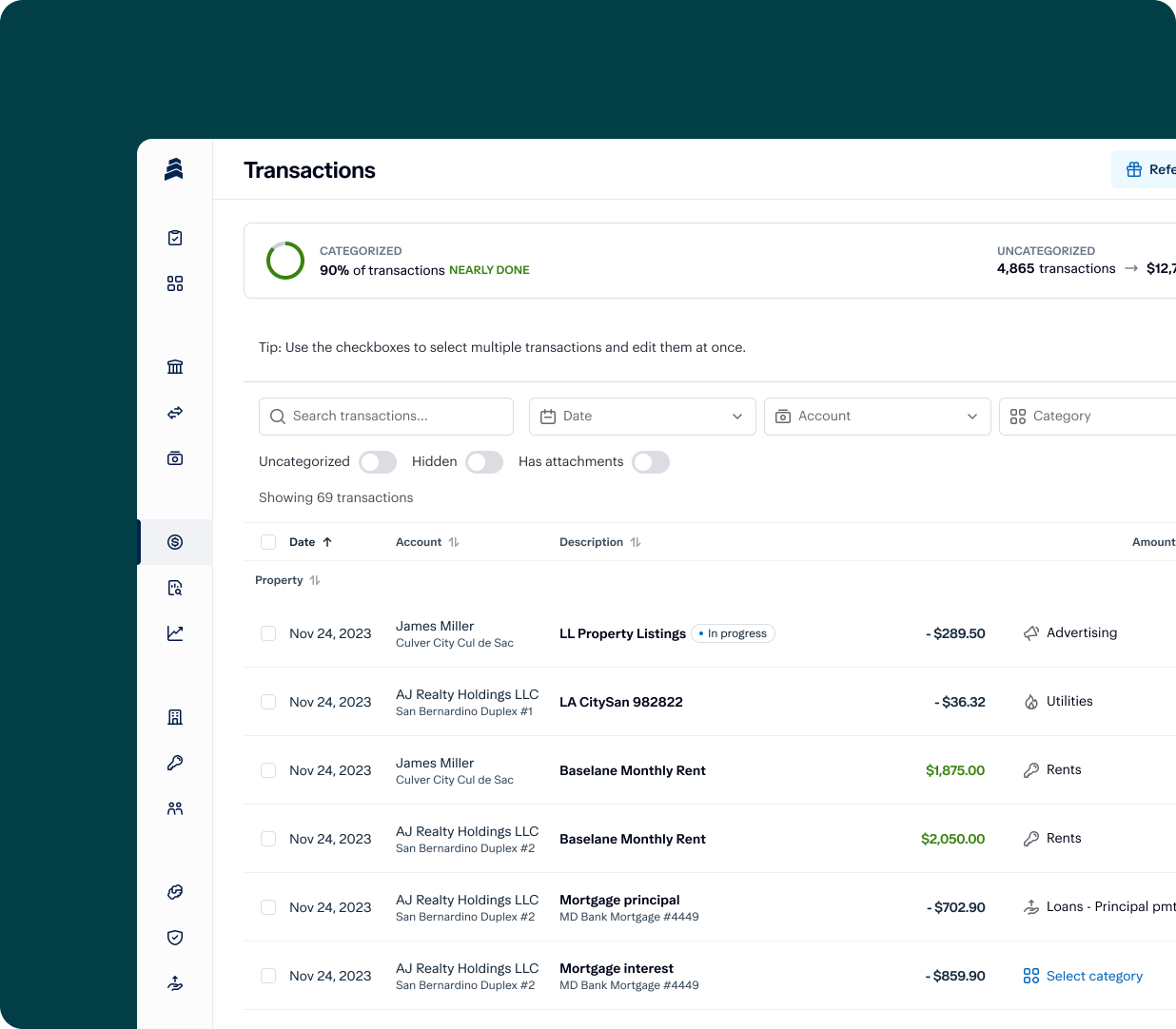 A screenshot of a transaction management dashboard displaying a list of financial transactions. The interface shows transaction dates, payee names, payment descriptions, amounts, and categories. Some transactions are categorized as needs review or in progress.