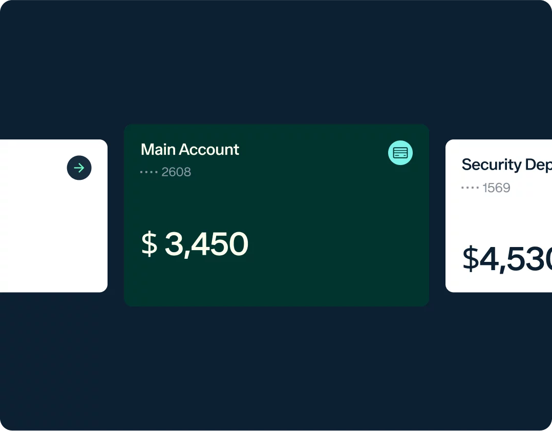 A digital banking interface displays three account summary cards. The highlighted card shows the "Main Account" with a balance of $3,450. To its right, the "Security Department" account is partially visible with a balance of $4,530. The background is dark blue.