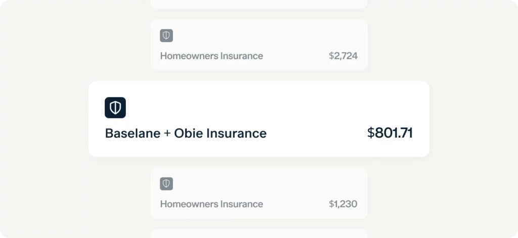 A comparison chart showing different homeowners insurance options with prices. Baseline + Obie Insurance is highlighted at $801.71. Other options show prices of $2,724 and $1,230.