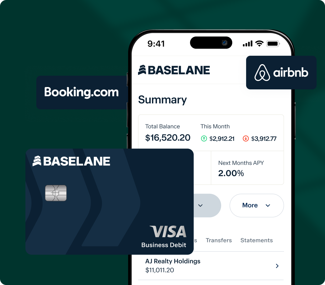 A mobile phone screen displays a financial summary from the Basellane app, showing total balance, transactions, and interest APY. Around the phone are a Basellane VISA business debit card and logos of Booking.com and Airbnb.