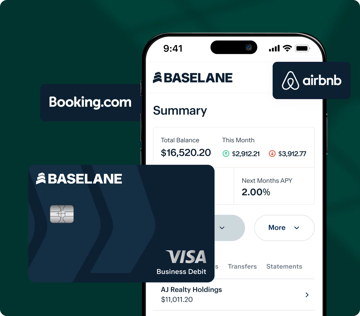 A mobile phone screen displays a financial summary from the Basellane app, showing total balance, transactions, and interest APY. Around the phone are a Basellane VISA business debit card and logos of Booking.com and Airbnb.