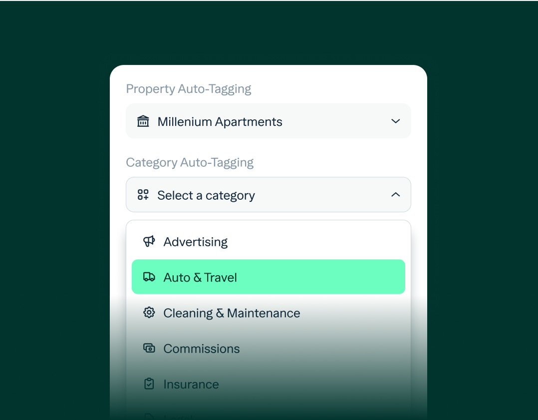 A user interface with options for Property and Category auto-tagging. "Millenium Apartments" is selected for Property Auto-Tagging. The Category Auto-Tagging dropdown is open, showing options, with "Auto & Travel" highlighted in green.