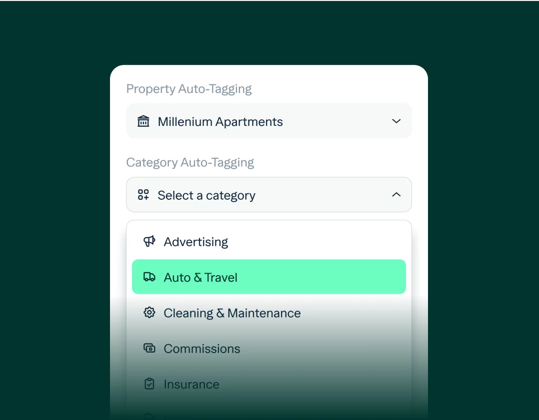 A user interface with options for Property and Category auto-tagging. "Millenium Apartments" is selected for Property Auto-Tagging. The Category Auto-Tagging dropdown is open, showing options, with "Auto & Travel" highlighted in green.