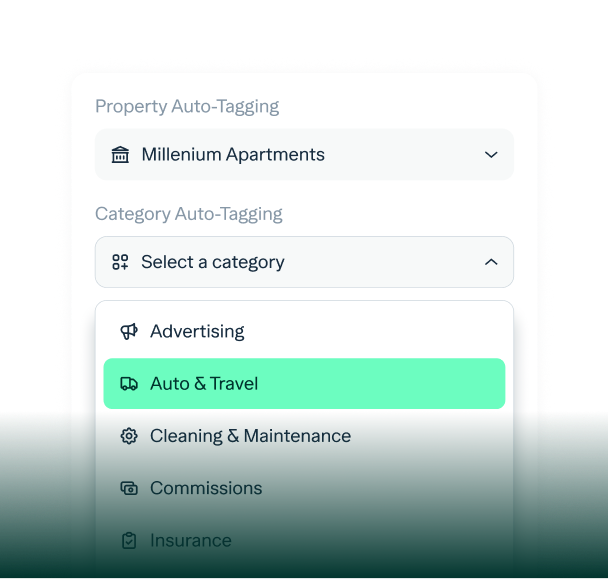 A screenshot of a menu interface for auto-tagging properties and categories. The "Property Auto-Tagging" field shows "Millenium Apartments". The "Category Auto-Tagging" field has "Auto & Travel" highlighted in green, with other categories listed below.