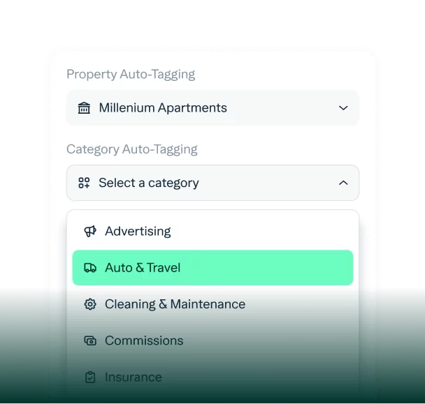 A screenshot of a menu interface for auto-tagging properties and categories. The "Property Auto-Tagging" field shows "Millenium Apartments". The "Category Auto-Tagging" field has "Auto & Travel" highlighted in green, with other categories listed below.