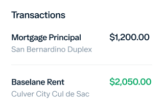 A screenshot of a financial transactions summary showing two items: "Mortgage Principal" for a San Bernardino Duplex with an amount of $1,200.00, and "Baselane Rent" for Culver City Cul de Sac with an amount of $2,050.00 in green text.