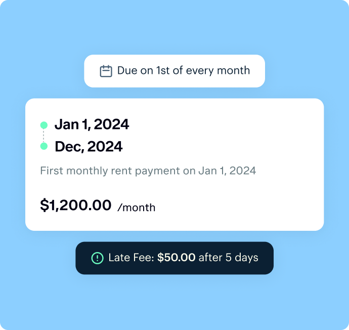 A rent payment reminder with monthly rent of $1,200 due on the 1st of every month from Jan 1, 2024 to Dec 2024, and a $50 late fee after 5 days.