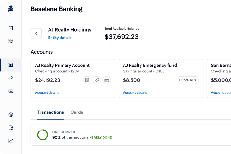 A screenshot of an online banking dashboard for Baseline Banking. It shows AJ Realty Holdings with a total available balance of $37,692.23. There are multiple accounts listed, including a primary account with $24,192.23, an emergency fund with $8,500, and others.