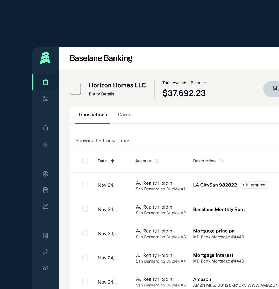 A screenshot of the Baseline Banking app dashboard on a desktop screen. It shows an account with Horizon Homes LLC, total available balance of $37,942.23, and transactions for San Bernardino Duplex #1. Transactions include payments, transfers, and descriptions like "CitySan Monthly Rent" and "Amazon.