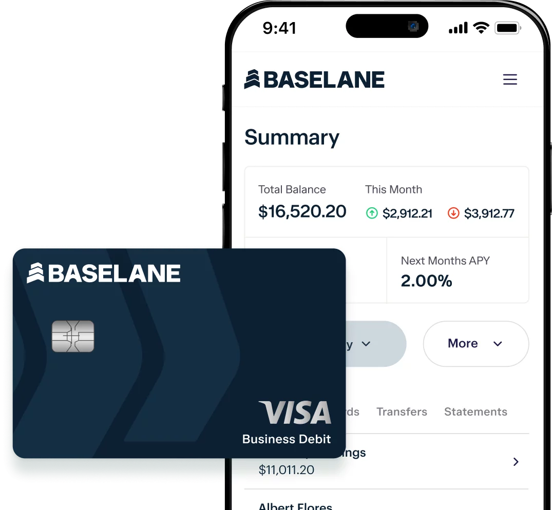 A smartphone screen displays a financial summary from Baseline, showing a total balance of $16,520.20 and monthly earnings. In the foreground, a dark blue Baseline Visa business debit card is partially visible.