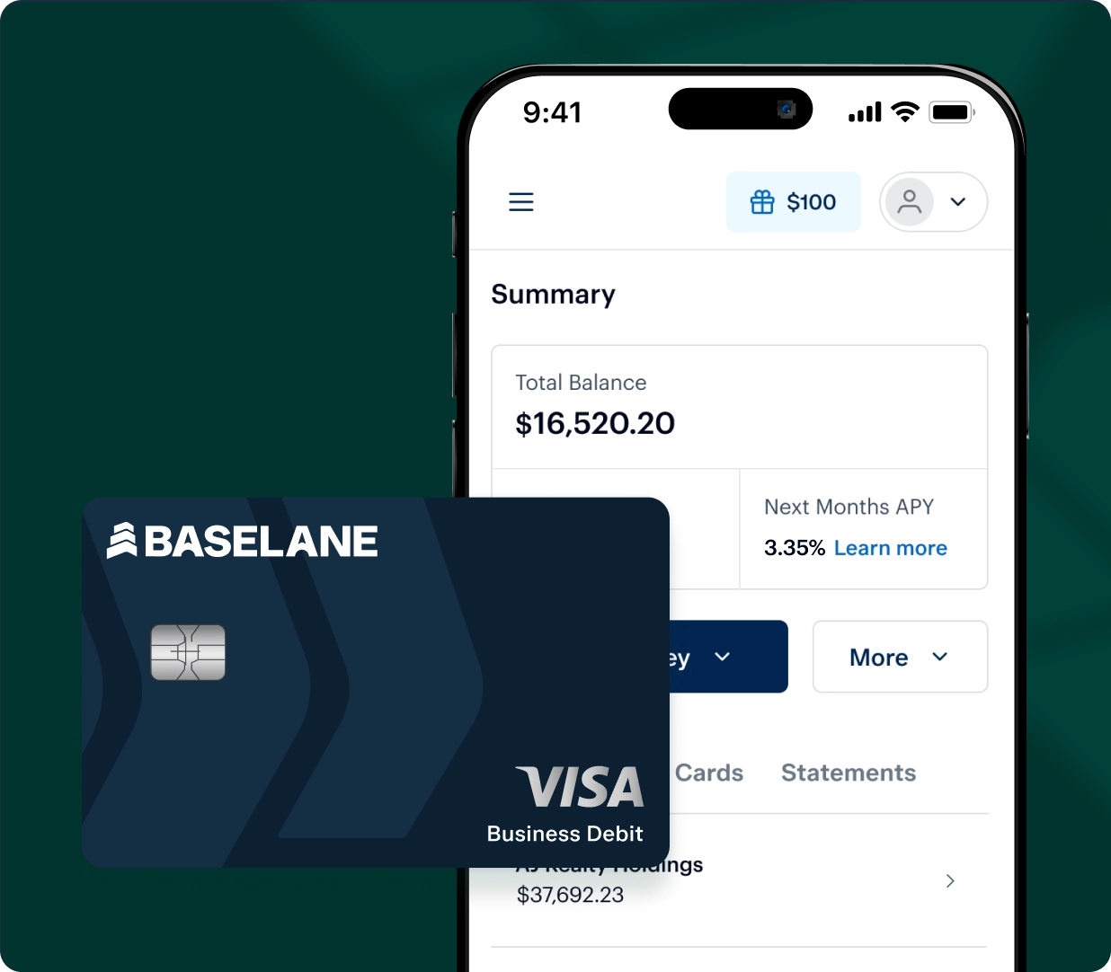 A smartphone screen displays a banking app with a total balance of $16,520.20 and a Visa business debit card beside it. The app shows details such as next month's APY and recent transactions.