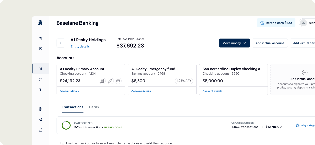 Screenshot of a banking dashboard showing account balances. Total available balance is $37,692.23. Accounts listed include AJ Realty Primary, AJ Realty Emergency Fund, and San Bernardino Duplex checking. Transactions and card information are also visible.