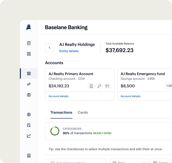 Screenshot of Baseline Banking dashboard showing AJ Realty Holdings with a total available balance of $37,692.23. Displays account balances for a primary checking account and an emergency fund. Categorization completion is at 90%.