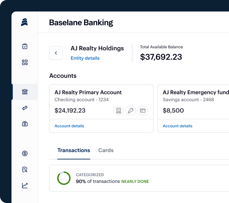 Screenshot of a Baseline Banking interface showing AJ Realty Holdings with a total balance of $37,692.23. It lists a primary account with $24,192.23 and an emergency account with $8,500. A transaction categorization shows 90% as "nearly done.