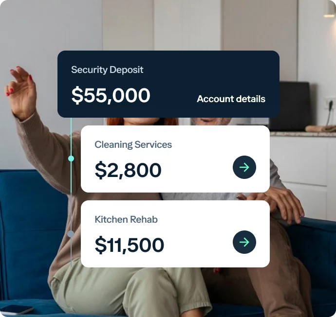 A person sitting on a couch in a modern living room is gesturing with hand while financial information is overlaid on the image. The figures shown are: Security Deposit $55,000, Cleaning Services $2,800, and Kitchen Rehab $11,500.