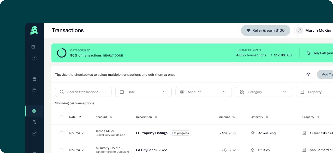 A dashboard screen shows categorized transactions, with a green banner indicating 90% of transactions are nearly done. Tabs for transactions, date, account, and category are visible. A list of transactions with details and statuses is displayed below.