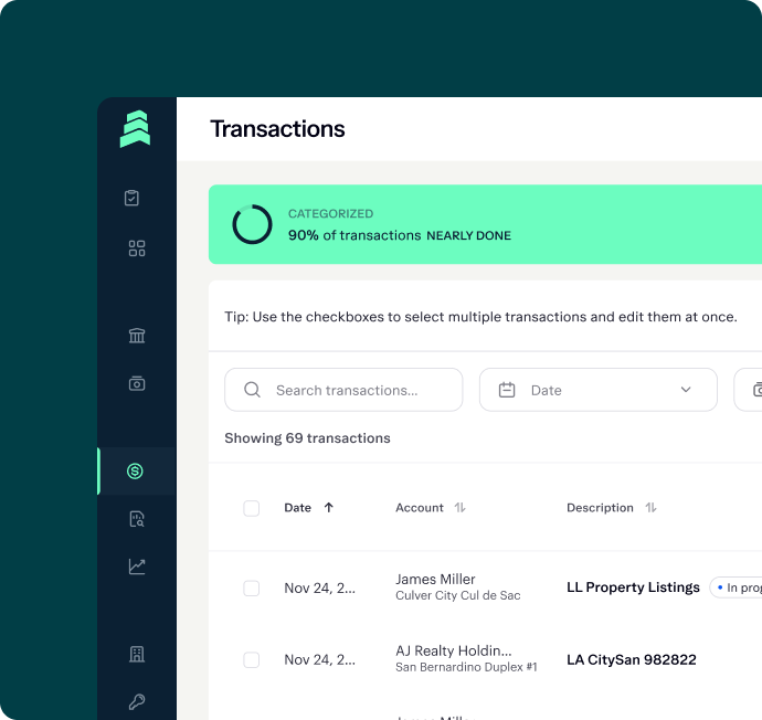 A screenshot of a financial dashboard. The header reads "Transactions" with a green progress bar indicating "90% of transactions nearly done." Below is a list of transactions with columns for date, account, description, and location.